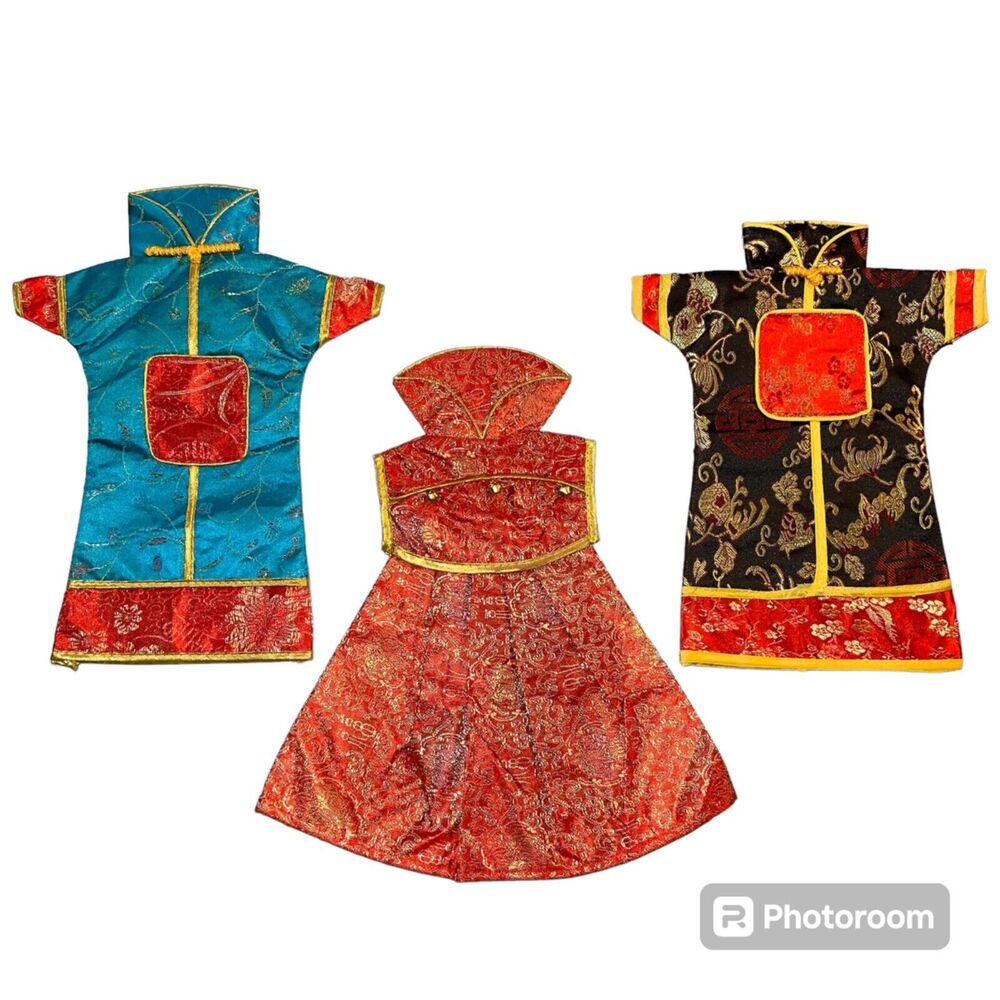 Chinese Asian Kimono Wine Bottle Covers Set of 3 Oriental Dress Brocade Decor